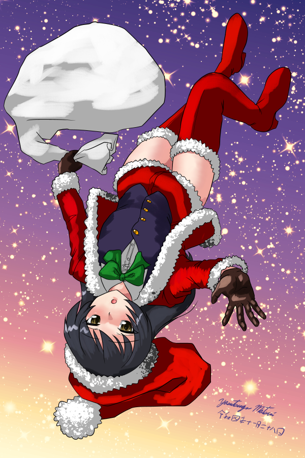 1girl black_eyes black_hair bow bowtie christmas full_body girls_und_panzer gloves green_bow green_bowtie hat holding holding_sack looking_at_viewer matsui_yasutsugu one-hour_drawing_challenge red_footwear reizei_mako sack santa_costume santa_hat shiny shiny_hair signature simple_background smile solo starry_background waistcoat