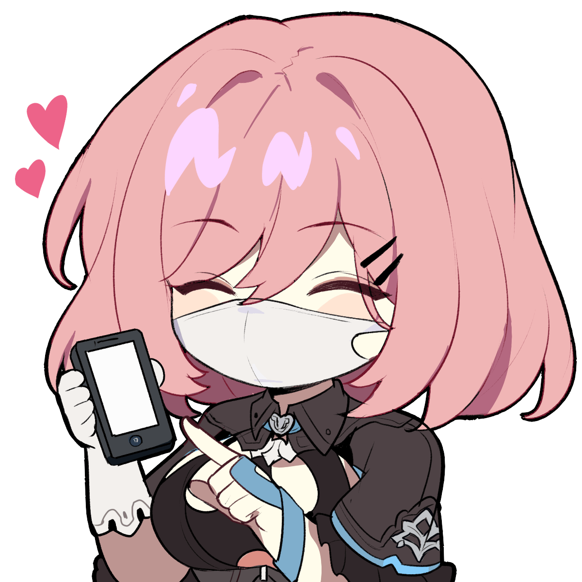 1girl bangs black_leotard bob_cut breasts closed_eyes gloves heart highres holding holding_phone honkai_(series) honkai_impact_3rd large_breasts leotard mask mouth_mask official_art phone short_hair single_glove solo timido_cute transparent_background upper_body white_gloves