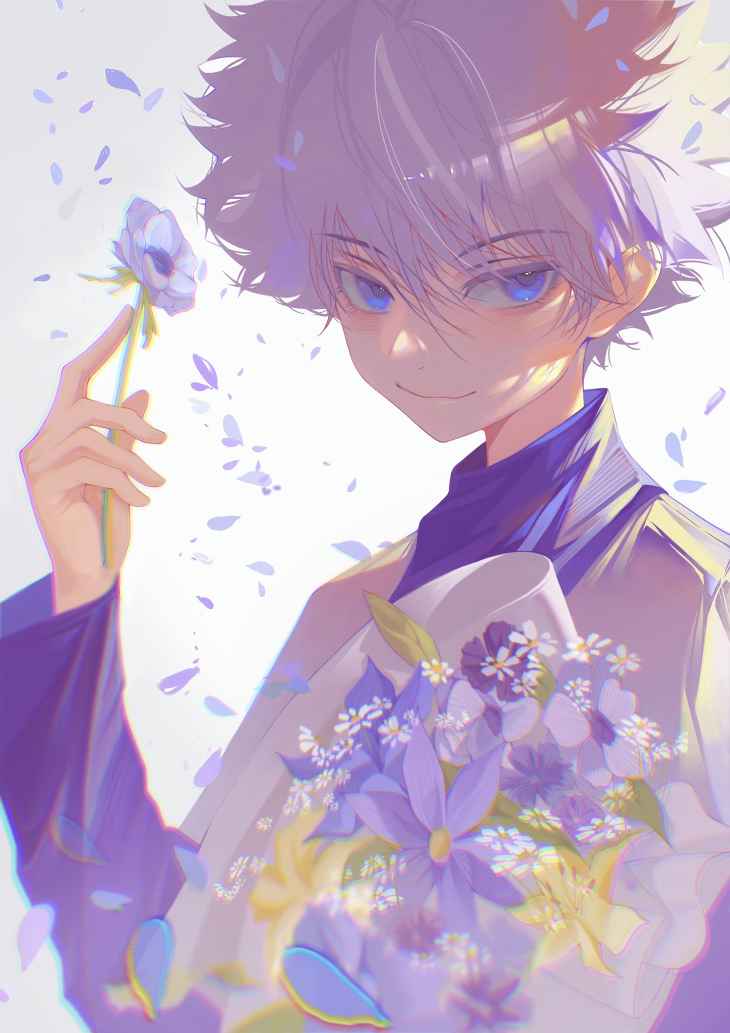 1boy blue_eyes commentary commentary_request feitian5575 flower highres hunter_x_hunter killua_zoldyck long_sleeves looking_at_viewer male_child male_focus short_hair simple_background smile solo spiky_hair turtleneck white_hair