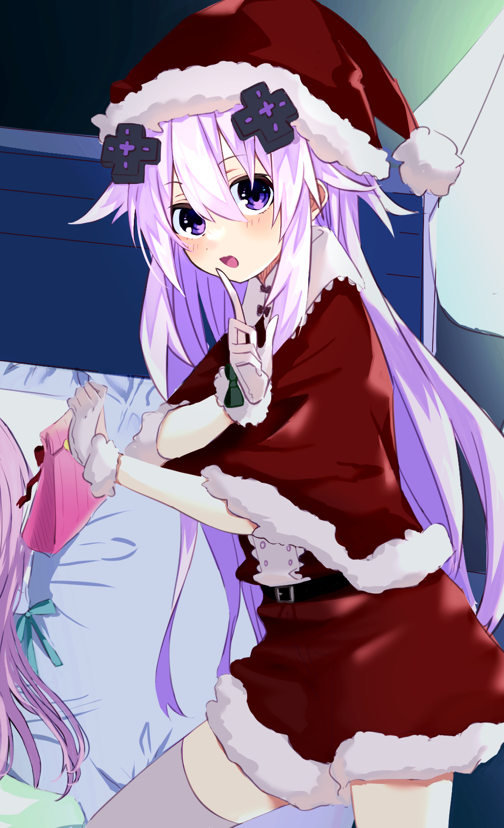 1girl adult_neptune blush box breasts christmas d-pad d-pad_hair_ornament gift gift_box hair_ornament hat highres holding holding_gift large_breasts long_hair long_sleeves looking_at_viewer moya_44444 neptune_(series) open_mouth purple_hair red_headwear santa_costume santa_hat smile solo violet_eyes