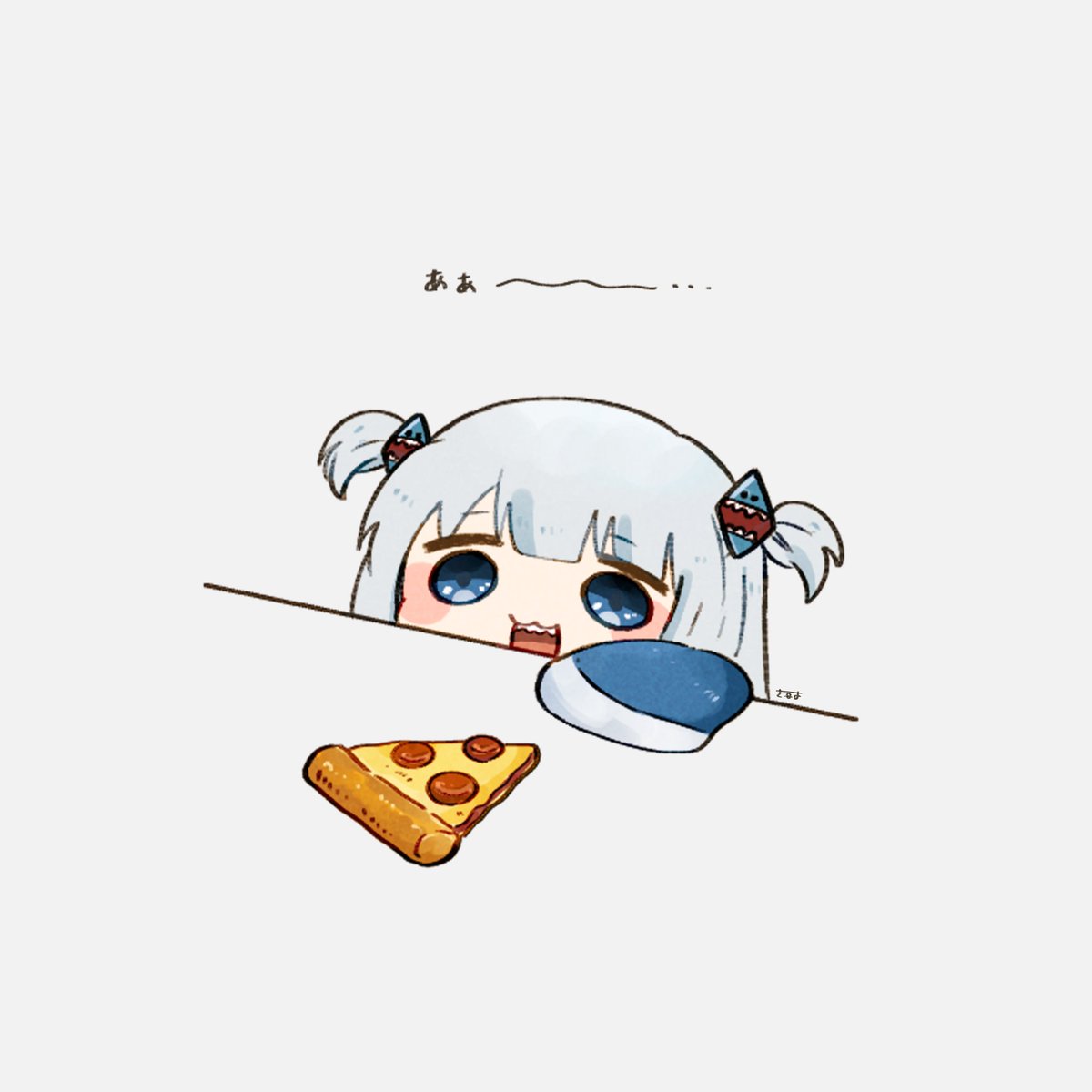 1girl :d bangs blue_eyes blue_hair blunt_bangs chibi commentary female_child food gawr_gura hair_ornament highres hololive hololive_english light_blue_hair long_hair long_sleeves open_mouth pepperoni pizza pizza_slice shark_girl sharp_teeth short_twintails simple_background sleeves_past_wrists smile solo teeth tenmiyakiyo twintails upper_body upper_teeth_only white_background