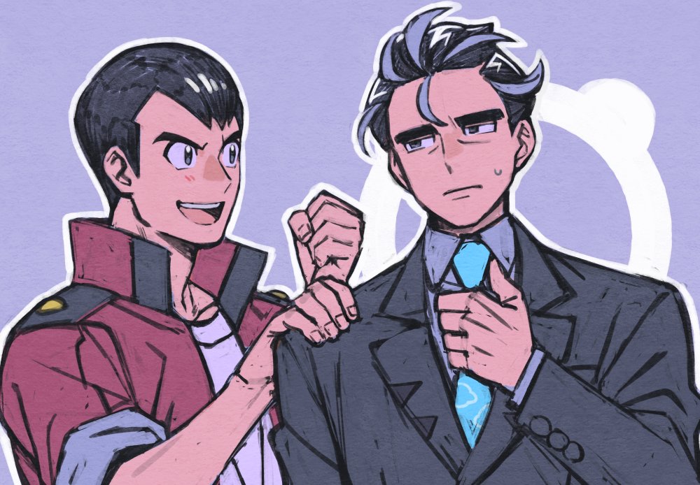 2boys :d adjusting_clothes adjusting_necktie bangs black_eyes black_hair blush clenched_hand closed_mouth commentary_request grey_background hand_on_another's_shoulder hand_up high_collar jacket larry_(pokemon) long_sleeves male_focus multiple_boys nagiko_(mangalove1111) necktie norman_(pokemon) open_clothes open_jacket open_mouth pokemon pokemon_(game) pokemon_oras pokemon_sv short_hair smile sweatdrop teeth tongue upper_teeth_only