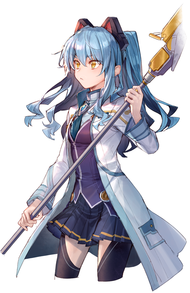 1girl achan_(blue_semi) animal_ears bangs black_thighhighs blue_hair blue_shirt blue_skirt cat_ears closed_mouth coat cowboy_shot cropped_legs eiyuu_densetsu fake_animal_ears frown hair_between_eyes highres holding holding_polearm holding_weapon long_hair long_sleeves miniskirt open_clothes open_coat pleated_skirt polearm purple_vest shiny shiny_hair shirt skirt solo standing thigh-highs tio_plato transparent_background twintails two_side_up vest weapon white_coat yellow_eyes zero_no_kiseki