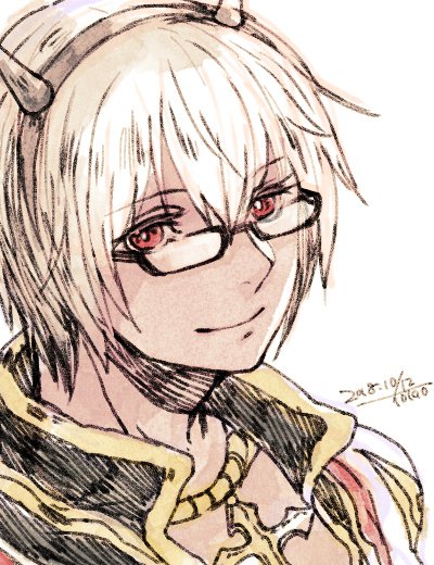 1boy bangs black-framed_eyewear black_coat closed_mouth coat commentary_request cross cross_necklace dated fake_horns glasses grey_hairband hair_between_eyes hairband high_priest_(ragnarok_online) horns jewelry looking_at_viewer male_focus necklace portrait ragnarok_online red_eyes short_hair signature simple_background smile solo tokio_(okt0w0) white_background white_hair