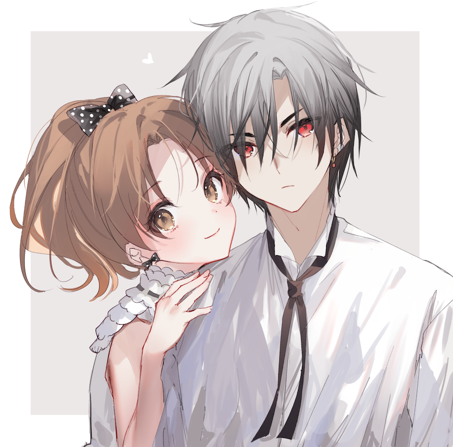 1boy 1girl bangs bare_arms black_bow black_hair blush bow brown_eyes brown_hair closed_mouth collared_shirt dress_shirt earrings gakuen_alice gradient_hair grey_background grey_hair hair_between_eyes hair_bow hand_up high_ponytail hyuuga_natsume jewelry multicolored_hair ouri_(aya_pine) parted_bangs polka_dot polka_dot_bow ponytail red_eyes sakura_mikan shirt sleeveless sleeveless_shirt smile thick_eyebrows two-tone_background upper_body white_background white_shirt