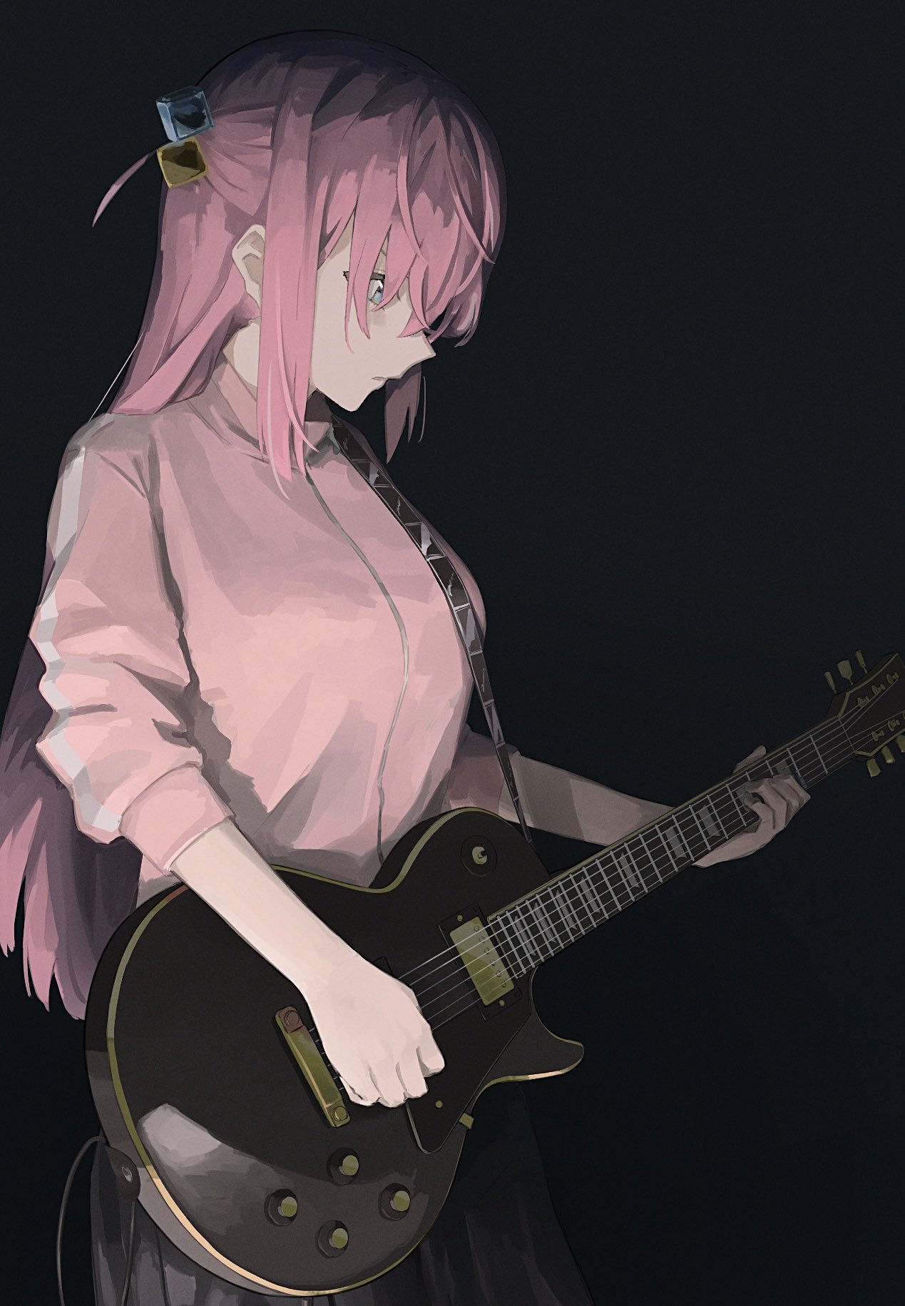 1girl bangs black_background black_skirt bocchi_the_rock! breasts cube_hair_ornament gotou_hitori guitar hair_between_eyes hair_ornament highres holding holding_instrument instrument jacket large_breasts long_hair music nium_404 one_side_up parted_lips pink_hair pink_jacket playing_instrument simple_background skirt solo track_jacket