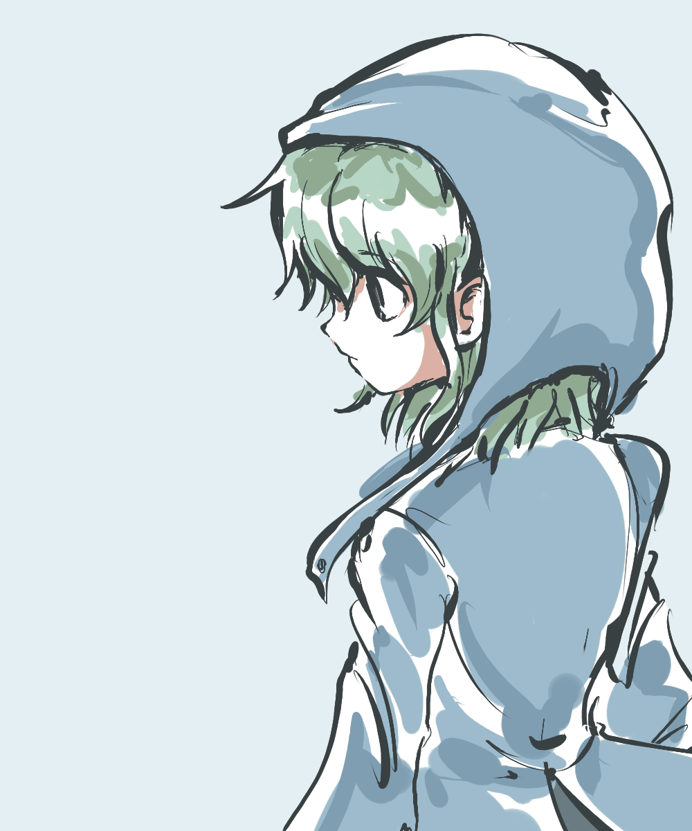 1other androgynous atoymk blue_hood blue_shirt closed_mouth commentary detached_hood green_eyes green_hair highres len'en light_blue_background long_sleeves medium_hair other_focus shirt shitodo_aoji simple_background solo upper_body