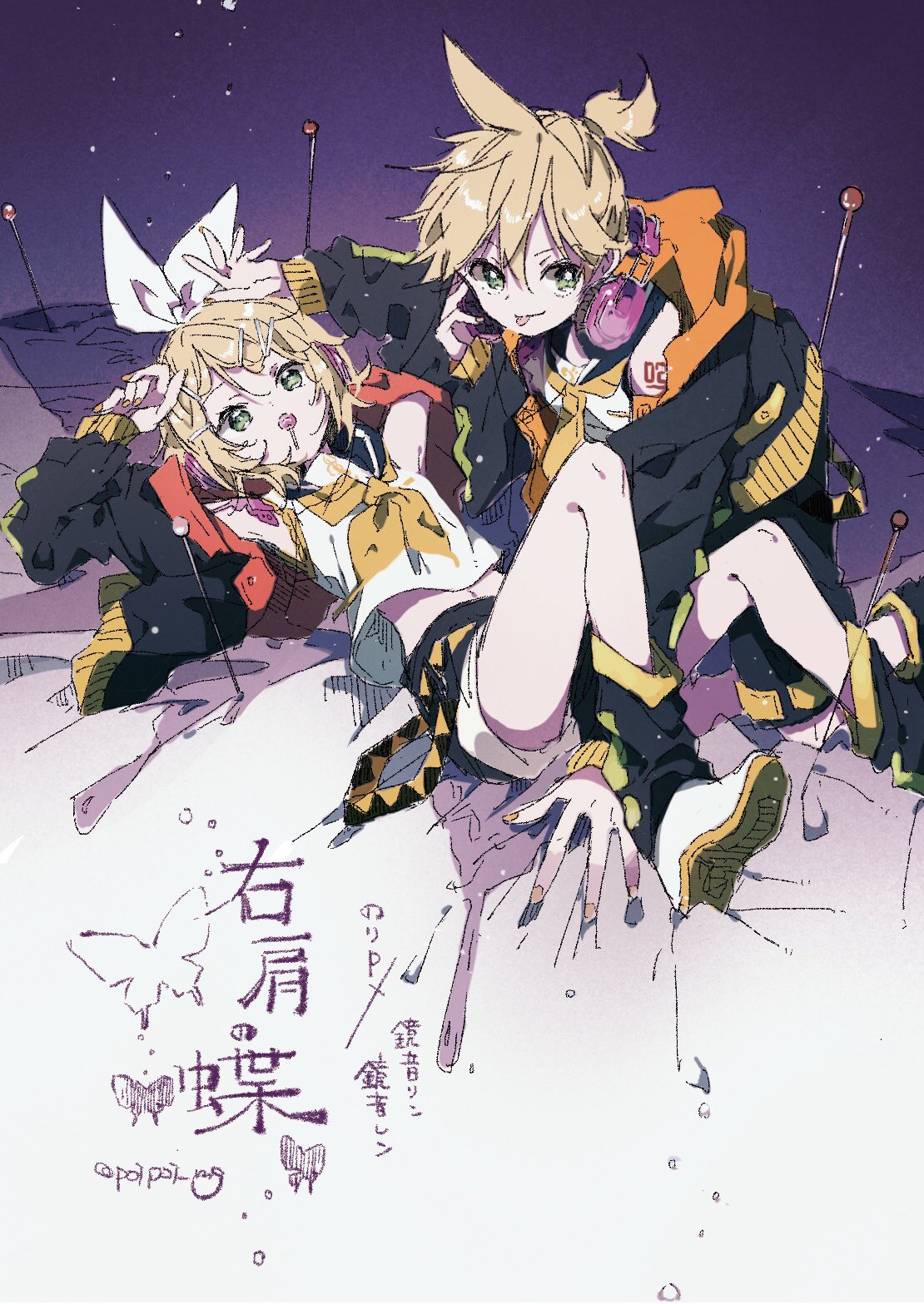 1boy 1girl all_fours bare_shoulders blonde_hair bow breasts butterfly_tattoo candy chupa_chups crop_top detached_sleeves food food_in_mouth green_eyes hair_bow hair_ornament hairclip hazime headphones headphones_around_neck headset highres hood hooded_jacket insect_pin jacket kagamine_len kagamine_rin leg_warmers lollipop looking_at_viewer lying midriff migikata_no_chou_(vocaloid) mouth_hold narrow_waist navel neckerchief necktie needle number_tattoo on_back orange_hood purple_headphones sailor_collar sailor_shirt shirt shorts shoulder_tattoo sleeveless sleeveless_shirt small_breasts song_name tattoo treble_clef vocaloid white_bow yellow_nails yellow_neckerchief yellow_necktie