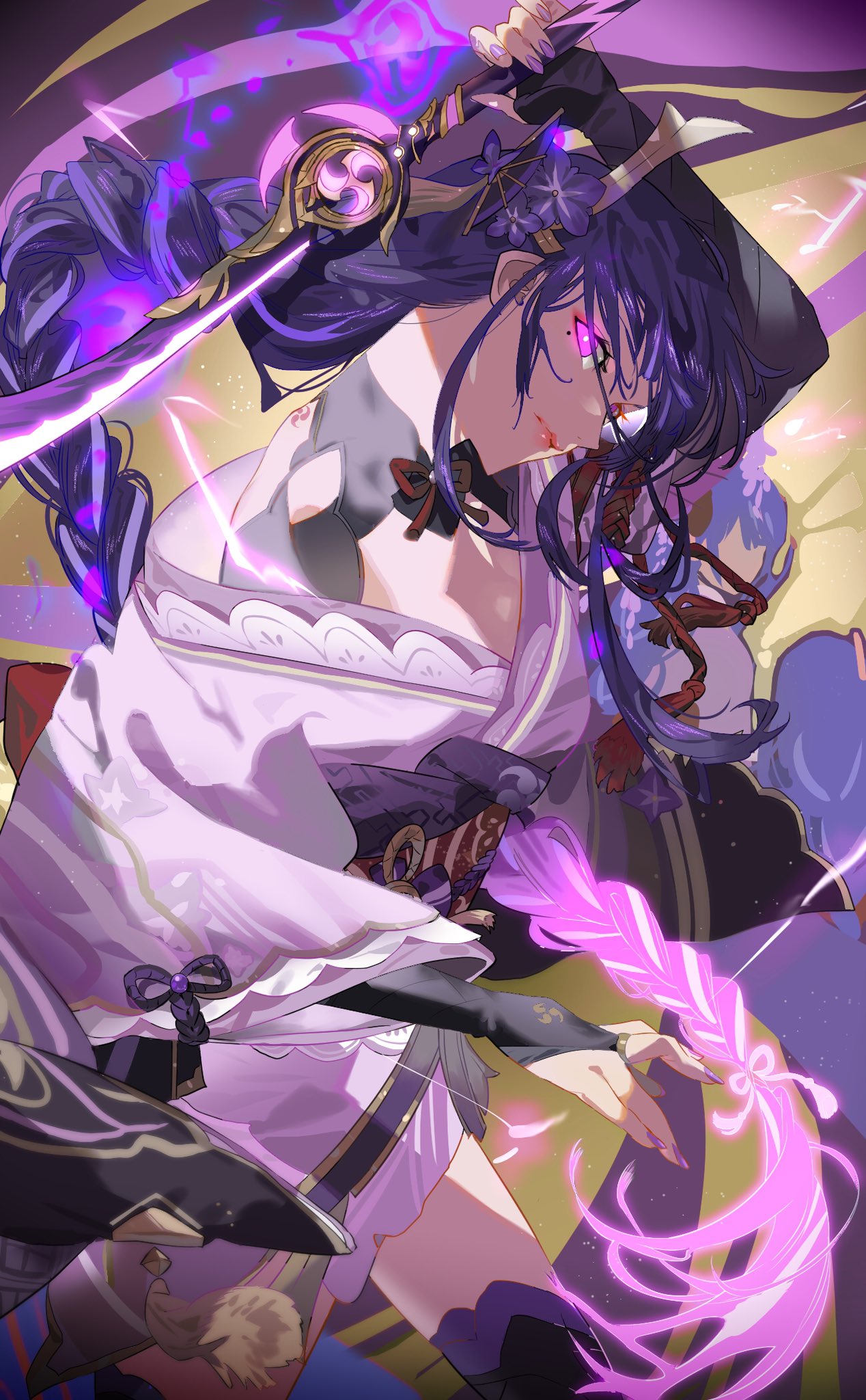 1girl black_thighhighs braid braided_ponytail bridal_gauntlets bright_pupils closed_mouth cowboy_shot flower genshin_impact glowing glowing_eyes hair_flower hair_ornament highres holding holding_sword holding_weapon japanese_clothes kimono long_hair looking_at_viewer mikuroron mole mole_under_eye nail_polish obi purple_hair purple_kimono purple_nails raiden_shogun sash solo sword tassel thigh-highs violet_eyes weapon white_pupils