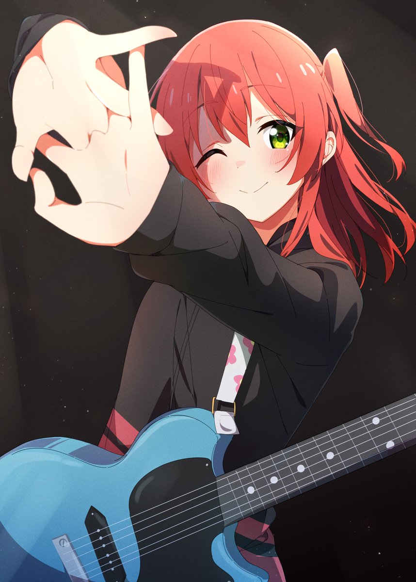 1girl ;) bangs black_jacket blush bocchi_the_rock! commentary_request electric_guitar gibson_les_paul green_eyes guitar highres instrument interlocked_fingers jacket kita_ikuyo long_hair long_sleeves looking_at_viewer one_eye_closed one_side_up redhead reikakrzk shadow shiny shiny_hair smile solo stretching upper_body