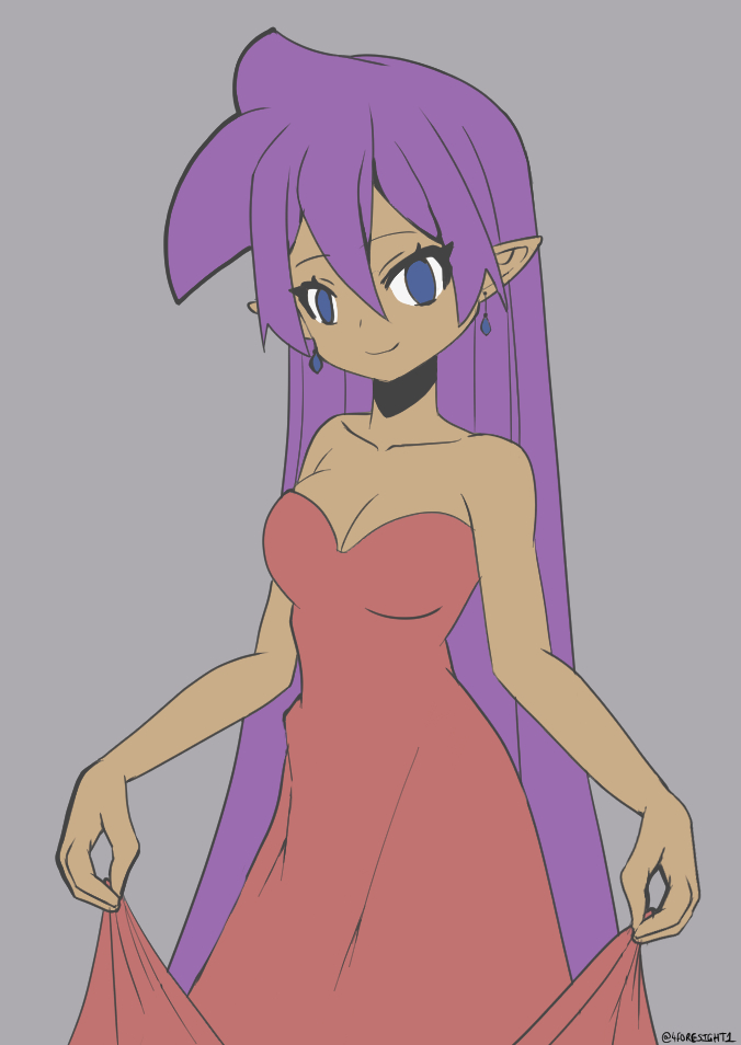 1girl 4foresight1 blue_eyes dress earrings grey_background jewelry long_hair looking_at_viewer pointy_ears red_dress shantae shantae_(series) solo strapless strapless_dress very_long_hair wayforward