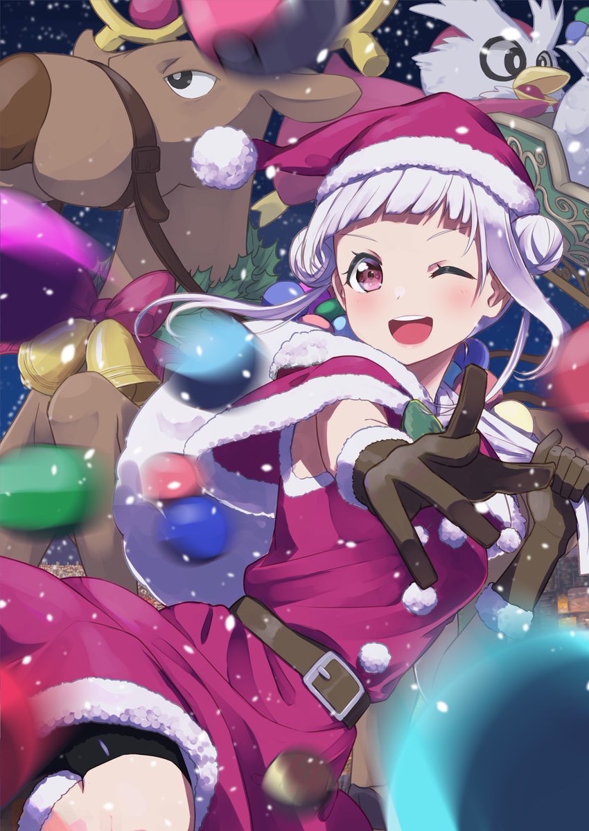 1girl ;d arashi_chisato bangs bell belt bike_shorts black_belt black_gloves black_shorts blurry blurry_foreground bow capelet christmas commentary double_bun dress fur-trimmed_capelet fur-trimmed_dress fur-trimmed_gloves fur_trim gloves green_bow hair_bun hat highres holding holding_sack leg_up looking_at_viewer love_live! motion_blur night one_eye_closed open_mouth orange-pengin outdoors over_shoulder red_capelet red_eyes red_headwear reindeer sack santa_dress santa_gloves santa_hat short_dress short_hair shorts sleeveless sleeveless_dress sleigh smile snowing solo standing symbol-only_commentary white_hair