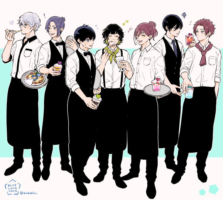 6+boys 626dir apron bachira_meguru black_bow black_bowtie black_hair black_pants black_vest blonde_hair blue_lock bow bowtie chigiri_hyoma closed_eyes closed_mouth collared_shirt cup drink drinking_glass eating food full_body grey_hair hair_up holding holding_cup holding_food holding_spoon holding_tray isagi_yoichi itoshi_rin itoshi_sae licking_lips long_hair looking_at_another male_focus mikage_reo multicolored_hair multiple_boys musical_note nagi_seishirou necktie open_mouth pants pizza purple_hair redhead shirt short_hair simple_background smile spoon standing tongue tongue_out tray twitter_username two-tone_hair vest waiter white_background white_shirt
