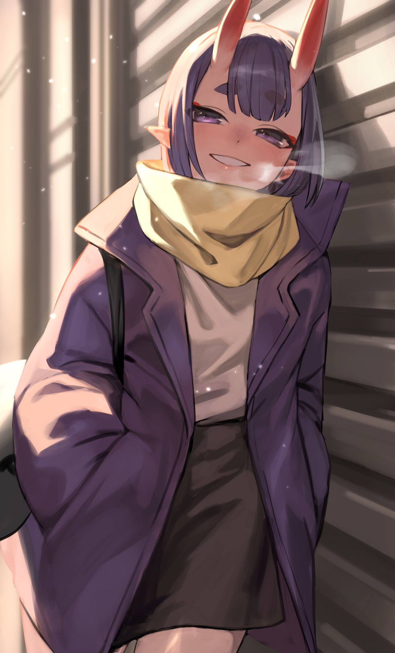 1girl against_wall alternate_costume bag bangs bob_cut breath casual chorogon coat contemporary cowboy_shot eyeliner fate/grand_order fate_(series) hand_in_pocket highres horns looking_at_viewer makeup oni oni_horns open_clothes open_coat open_mouth purple_coat purple_hair scarf shirt shirt_tucked_in short_eyebrows short_hair shoulder_bag shuten_douji_(fate) skin-covered_horns smile snowing solo violet_eyes white_shirt winter winter_clothes yellow_scarf