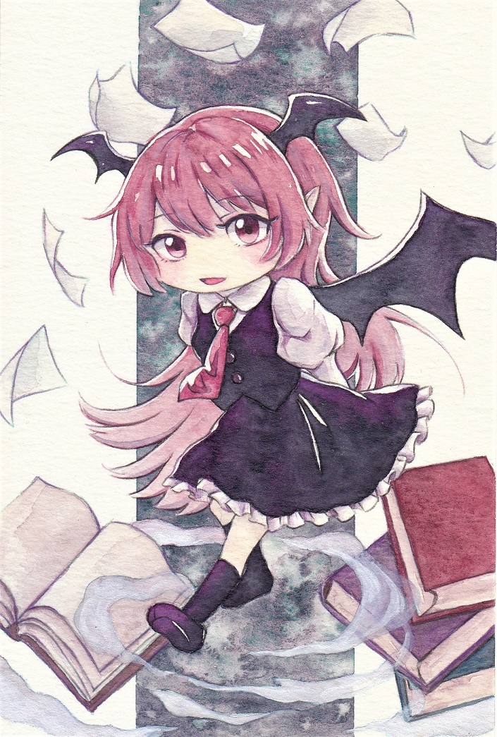 1girl :d arms_behind_back bat_wings black_footwear black_skirt black_socks black_vest blush book book_stack buttons chibi collared_shirt commentary_request dress_shirt eyelashes frilled_skirt frills full_body hair_between_eyes head_wings juliet_sleeves kneehighs koakuma kudami_rido long_hair long_sleeves looking_at_viewer necktie painting_(medium) paper pointy_ears puffy_sleeves red_eyes red_necktie redhead shirt sidelocks simple_background skirt smile socks solo touhou traditional_media very_long_hair vest watercolor_(medium) wings