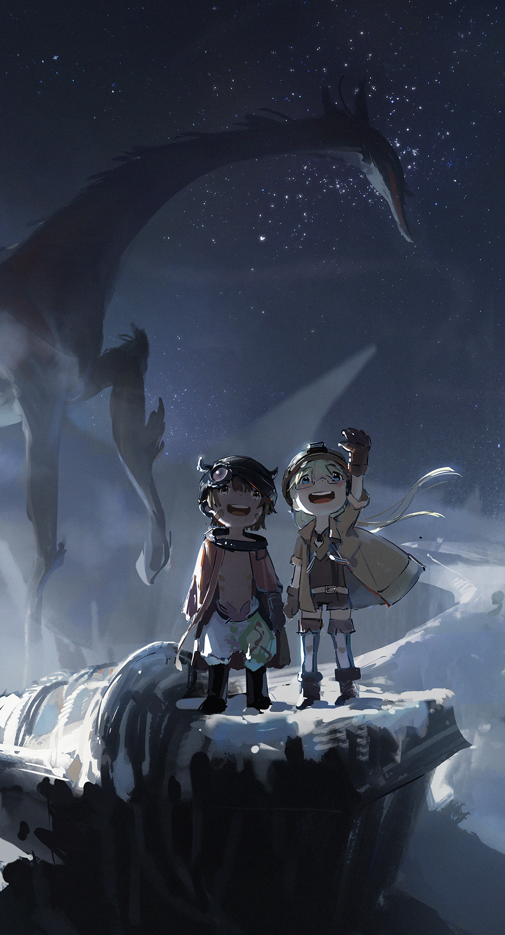 1boy 1girl :d blonde_hair blue_eyes boots brown_eyes brown_gloves brown_hair cape coat creature dino_(dinoartforame) fantasy gloves helm helmet highres horns long_hair looking_up made_in_abyss monster night open_mouth outstretched_arm red_cape regu_(made_in_abyss) riko_(made_in_abyss) short_hair sky smile star_(sky) starry_sky