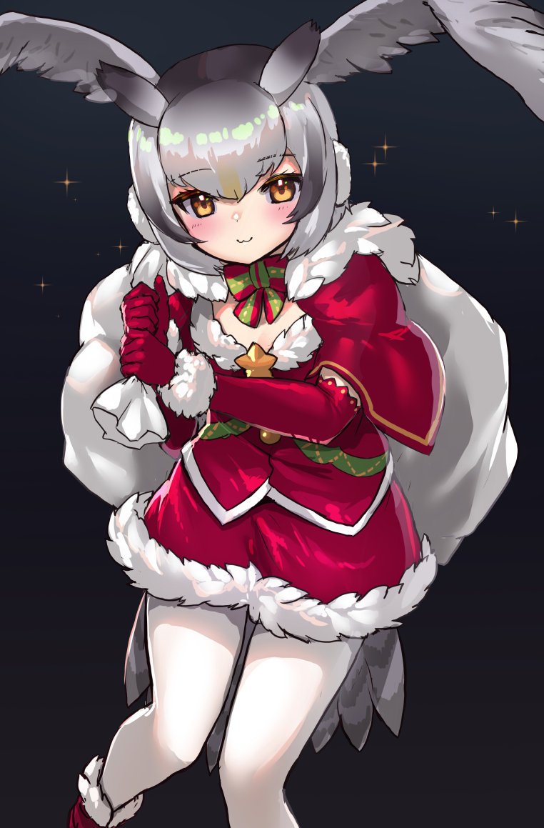 1girl :3 alternate_costume bird_girl bird_tail bird_wings blonde_hair blush bow bowtie capelet christmas commentary_request dress earmuffs elbow_gloves fur_trim gloves green_bow green_bowtie grey_hair hair_between_eyes head_wings kemono_friends multicolored_hair northern_white-faced_owl_(kemono_friends) orange_eyes owl_ears owl_girl pantyhose red_bow red_bowtie red_capelet red_dress red_gloves sack santa_costume short_hair solo tadano_magu tail two-tone_bowtie white_fur white_pantyhose wings