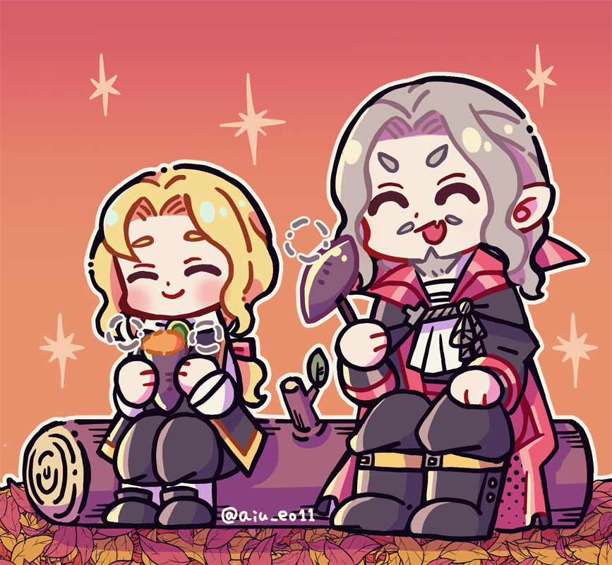 2boys alucard_(castlevania) blonde_hair boots castlevania closed_eyes dracula_(castlevania) eating father_and_son food holding holding_food leaf looking_at_viewer multiple_boys pointy_ears sitting star_(symbol) user_xkra7542 vampire white_hair