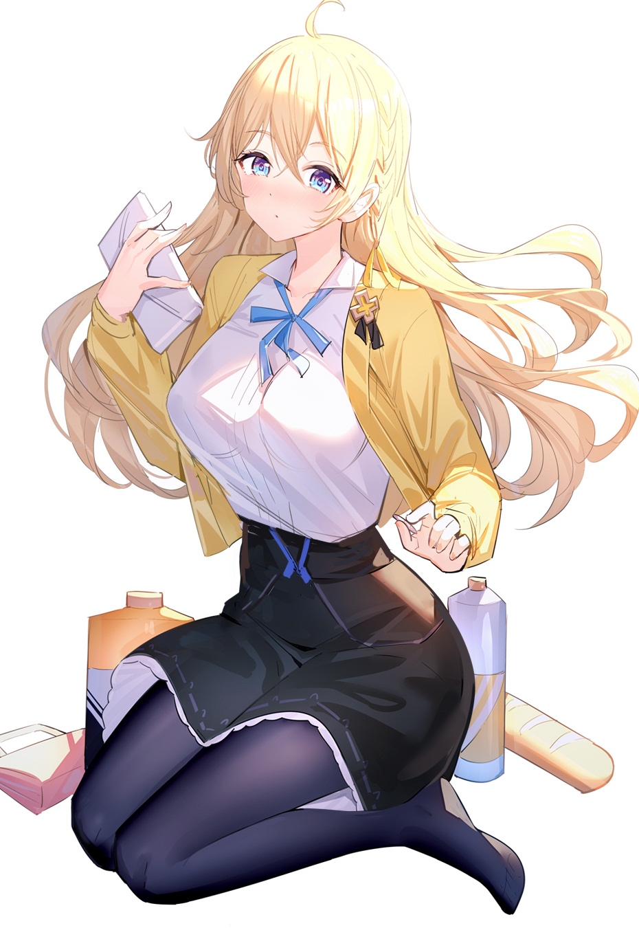 1girl ahoge bag baguette bangs black_pantyhose black_skirt blonde_hair blue_eyes braid bread breasts closed_mouth commentary_request food full_body hair_between_eyes hand_up handbag highres holding jacket large_breasts legs long_hair long_sleeves looking_at_viewer no_shoes open_clothes open_jacket original pantyhose revision ririko_(zhuoyandesailaer) saegusa_futaba shirt simple_background sitting skirt solo very_long_hair wariza white_background white_shirt yellow_jacket