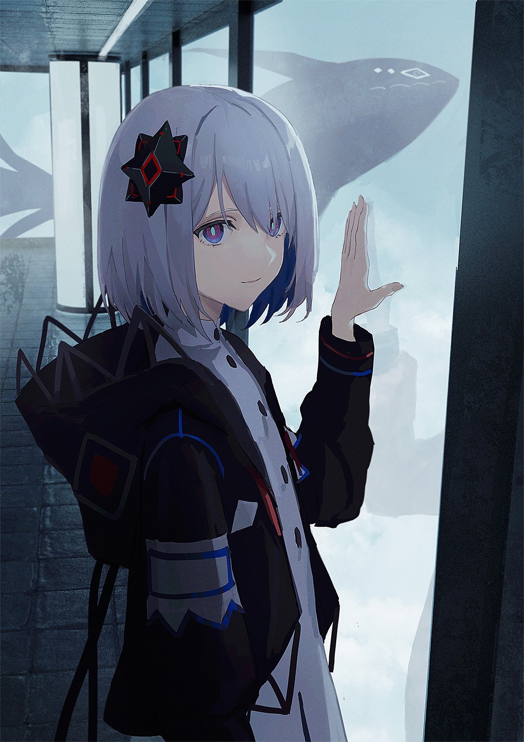 1girl black_hoodie blue_eyes closed_mouth clouds commentary english_commentary from_side grey_hair hair_between_eyes hair_over_one_eye hand_on_glass hand_up highres hood hood_down hoodie im_catfood indoors kamitsubaki_studio long_sleeves looking_at_viewer multicolored_eyes open_clothes open_hoodie rime_(cevio) shirt short_hair shuriken_hair_ornament solo standing stone_floor upper_body violet_eyes virtual_youtuber white_shirt