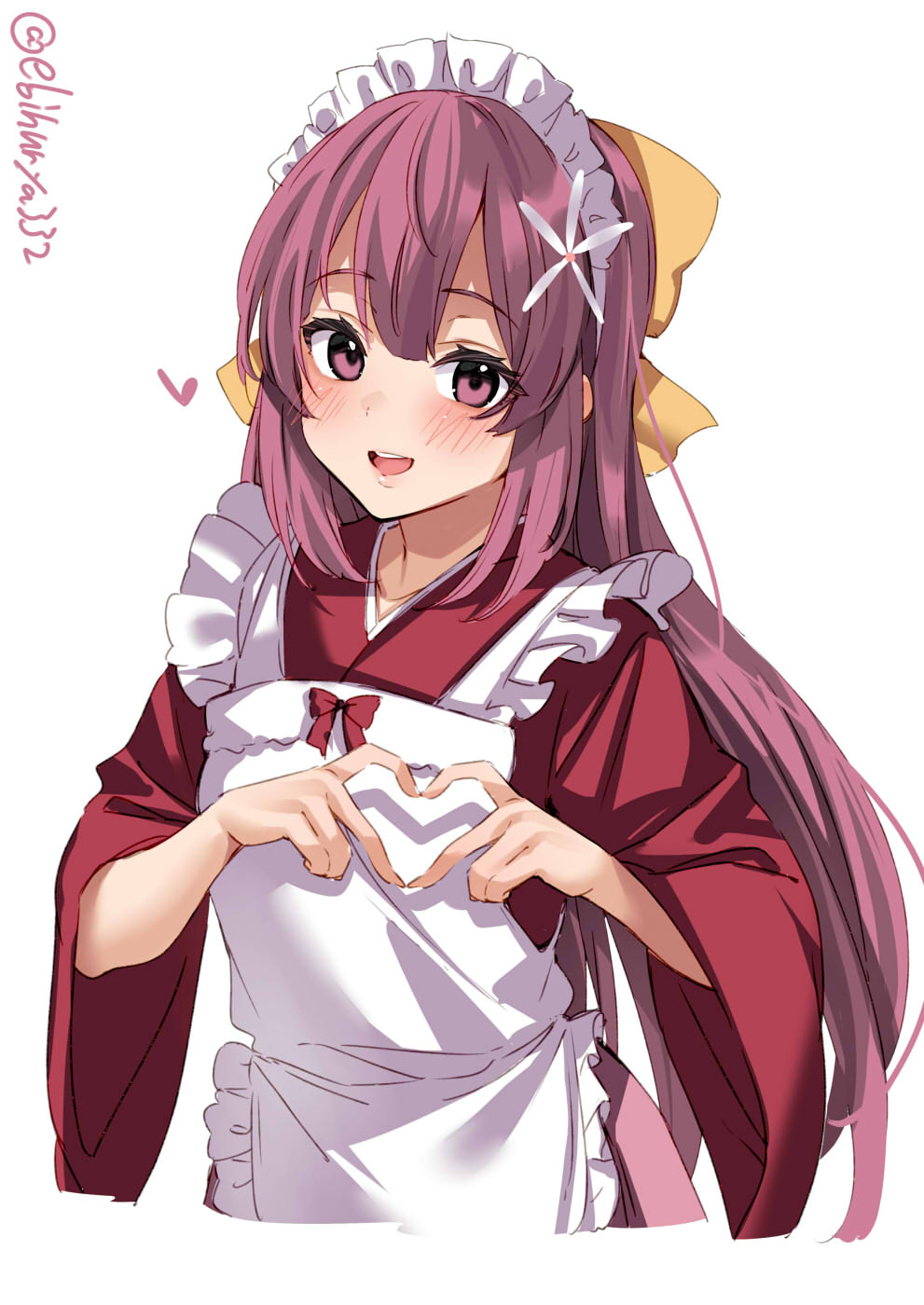 1girl apron bangs blush cropped_torso ebifurya flower frilled_apron frills gradient_hair hair_flower hair_ornament hair_ribbon heart heart_hands highres japanese_clothes kamikaze_(kancolle) kantai_collection kimono long_hair long_sleeves looking_at_viewer maid_headdress meiji_schoolgirl_uniform multicolored_hair official_alternate_costume one-hour_drawing_challenge open_mouth pink_hair purple_hair red_kimono red_ribbon ribbon simple_background smile solo teeth twitter_username upper_body upper_teeth_only violet_eyes white_apron white_background white_flower wide_sleeves yellow_ribbon