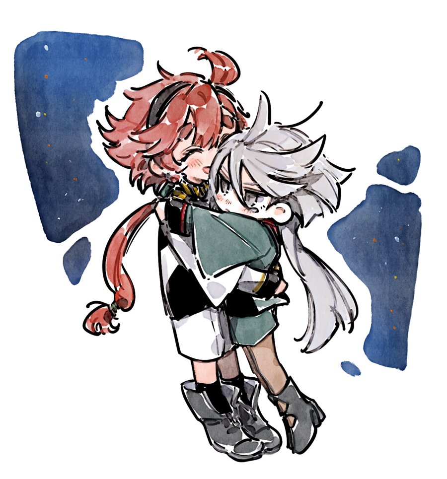 2girls ahoge asticassia_school_uniform black_hairband blush boots chibi closed_eyes green_jacket green_shorts grey_eyes grey_hair gundam gundam_suisei_no_majo hair_between_eyes hairband hug jacket long_hair low_ponytail miorine_rembran multi-tied_hair multiple_girls open_mouth redhead school_uniform short_hair_with_long_locks shorts smile suletta_mercury thick_eyebrows tima white_jacket white_shorts