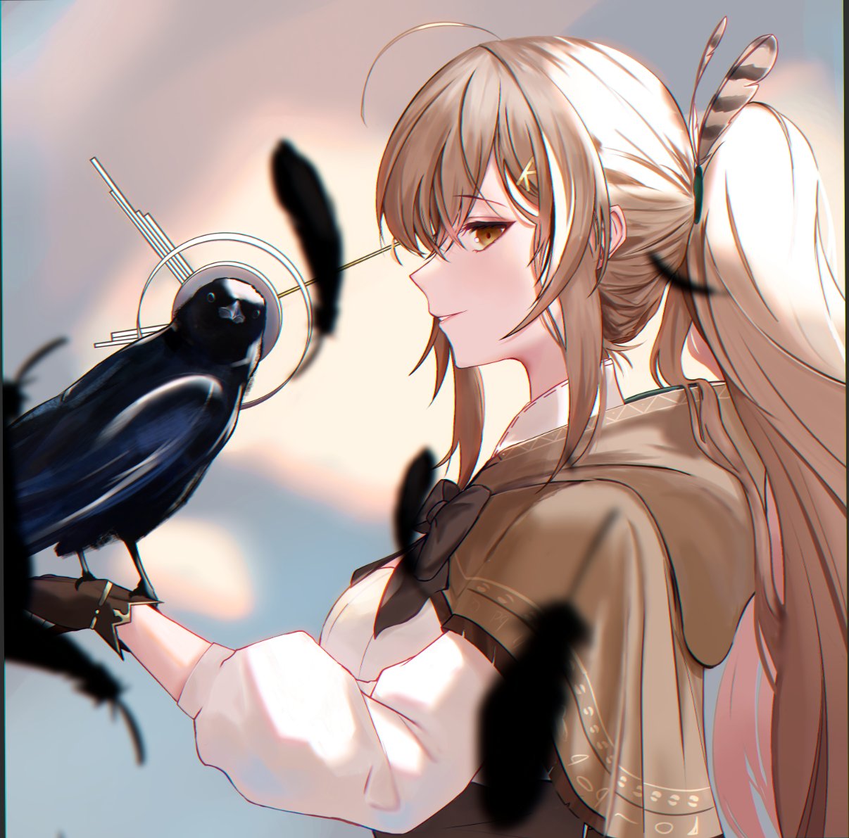 1girl 1other ahoge bangs bird blurry blurry_background brown_capelet brown_cloak brown_corset brown_eyes brown_hair cape capelet cloak clouds cloudy_sky corset crow depth_of_field falling_feathers feather_hair_ornament feathers gloves grin hair_ornament hairclip halo hieroglyphics hololive hololive_english long_hair looking_at_viewer mechanical_halo multicolored_hair nanashi_mumei ouro_kronii ouro_kronii_(crow) ponytail ribbon shirt sky smile streaked_hair very_long_hair virtual_youtuber white_shirt xsilentred