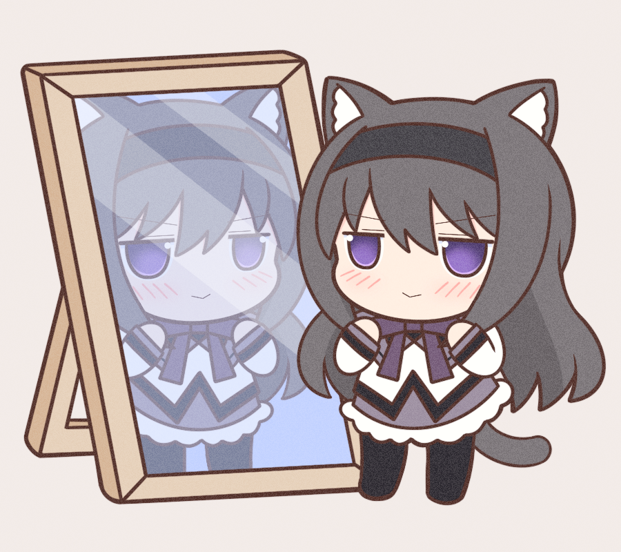 1girl :&gt; akemi_homura animal_ears black_hair black_hairband black_pantyhose blush cat_ears cat_girl cat_tail closed_mouth hairband looking_at_mirror looking_away mahou_shoujo_madoka_magica mirror pantyhose reflection smile solo standing tail violet_eyes yuno385