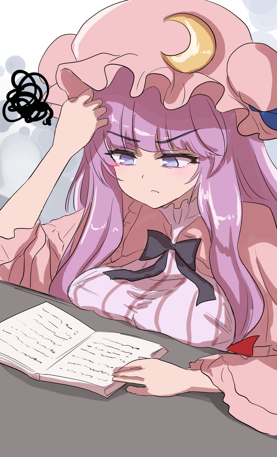1girl annoyed bangs black_bow black_bowtie blunt_bangs book bow bowtie breasts closed_mouth commentary_request crescent crescent_hat_ornament frown hand_on_own_head hat hat_ornament highres large_breasts long_hair mob_cap namiki_(remiter00) open_book partial_commentary patchouli_knowledge purple_hair reading solo squiggle table touhou upper_body violet_eyes wide_sleeves