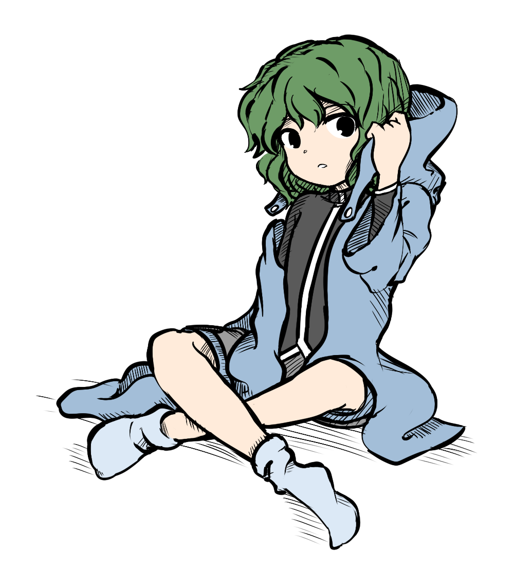 1other alternate_eye_color androgynous atoymk bangs blue_coat blue_hood blue_shorts blue_socks coat commentary_request crossed_legs detached_hood green_eyes grey_shirt hood len'en long_sleeves medium_hair no_shoes open_clothes open_coat other_focus parted_lips shirt shitodo_aoji shorts simple_background sitting socks solo white_background