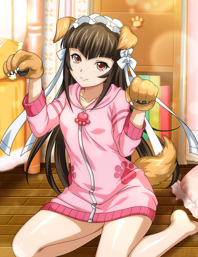 1girl animal_ears animal_hands bangs bare_legs barefoot blunt_bangs bow brown_eyes brown_hair cardigan closed_mouth collarbone dog_ears dog_tail fake_animal_ears gloves hair_bow hair_ribbon head_tilt hood hood_down hooded_cardigan ikkitousen indoors lens_flare long_hair long_sleeves paw_gloves pink_cardigan ribbon shiny shiny_hair smile solo tail ten'i_(ikkitousen) very_long_hair white_bow white_ribbon wooden_floor