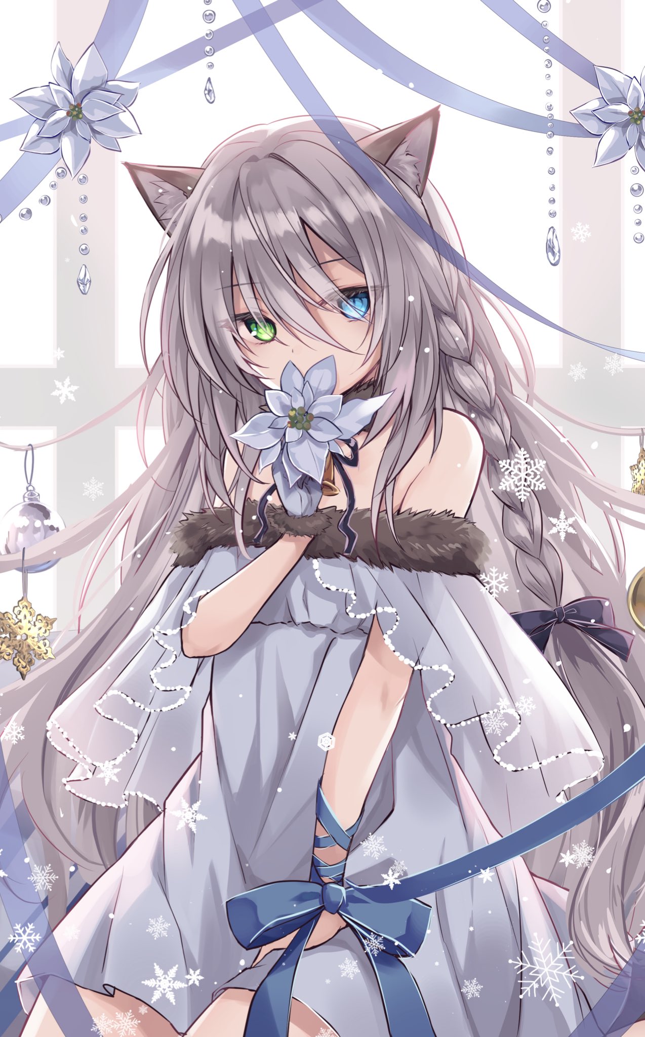 1girl animal_ears arm_ribbon blue_eyes braid cat_ears cat_girl dress flower flower_request fur-trimmed_dress fur_trim green_eyes grey_hair heterochromia highres kure~pu long_hair looking_at_viewer off-shoulder_dress off_shoulder original ribbon