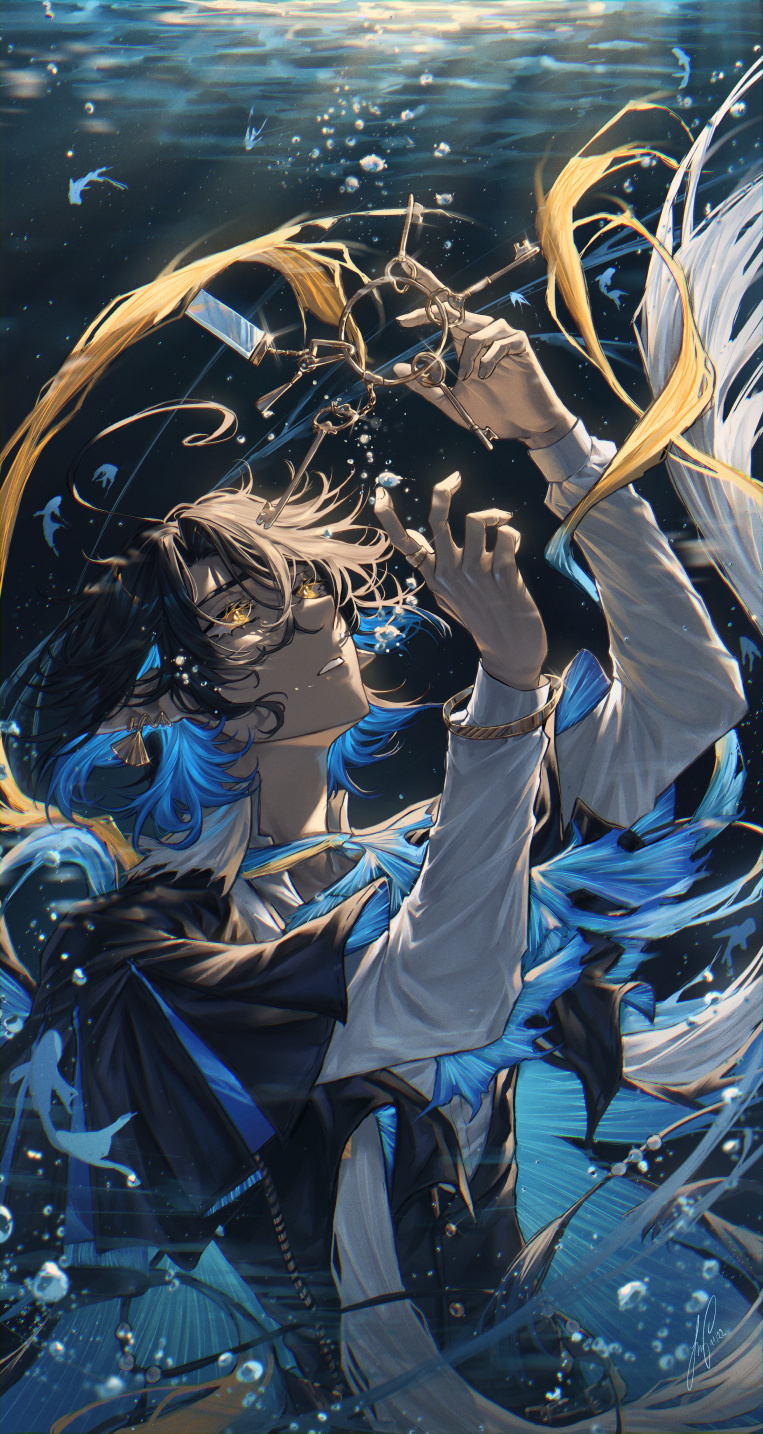 1boy ahoge air_bubble arknights ascot black_cape black_hair black_vest blue_ascot blue_hair bracelet bubble cape collared_shirt colored_inner_hair earrings fish glowing glowing_eyes hair_between_eyes hands_up highres jewelry key keyring looking_up lumen_(arknights) lux_arts male_focus multicolored_hair open_collar parted_lips pointy_ears ring shell shell_earrings shirt short_hair solo underwater upper_body vest white_shirt yellow_eyes