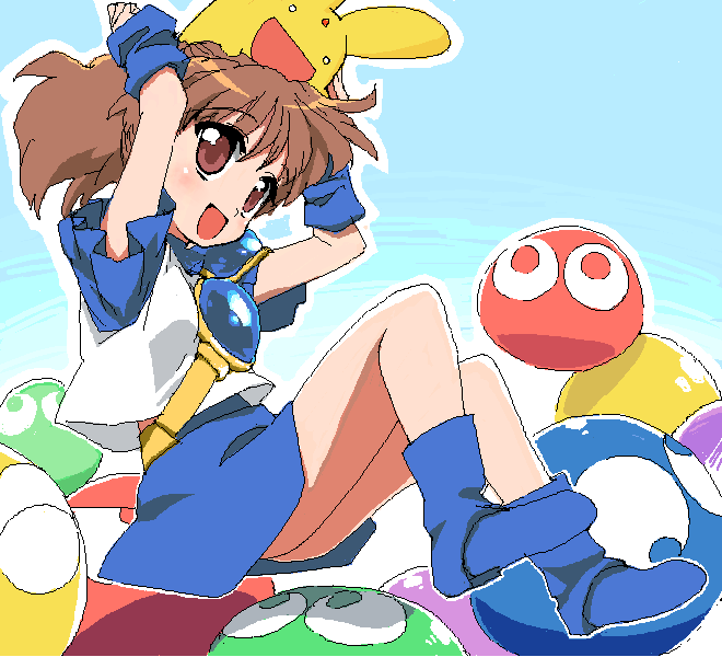 1girl :d animal_on_head arle_nadja arms_up bangs blue_background blue_footwear blue_skirt brown_eyes brown_hair eyebrows_visible_through_hair full_body jaggy_lines looking_at_another oekaki on_head open_clothes open_mouth outline pixel_art ponytail puyo_(puyopuyo) puyopuyo short_sleeves simple_background sitting skirt smile tagme tonbi white_outline wrist_cuffs