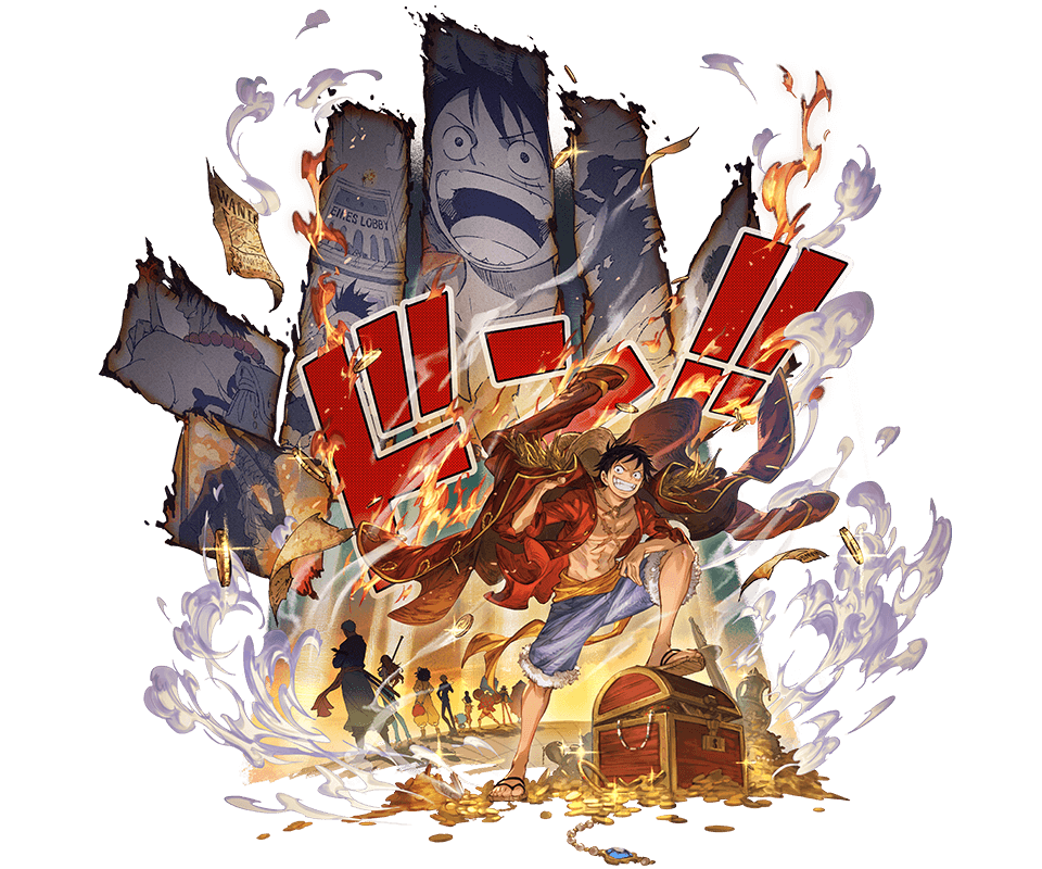 black_hair coat coin gold gold_coin granblue_fantasy grin monkey_d._luffy official_art one_piece smile straw_hat_pirates tachi-e transparent_background treasure_chest