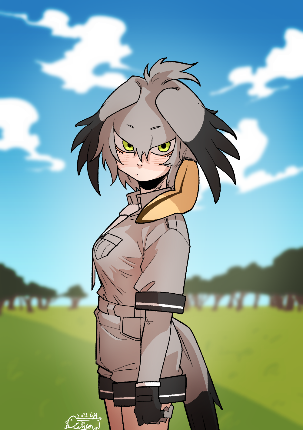 1girl bangs bird_tail black_hair blonde_hair blue_sky blush breast_pocket breasts clouds dated day gloves grey_hair grey_shirt grey_shorts guman_project hair_between_eyes head_wings highres kemono_friends layered_sleeves long_sleeves looking_at_viewer multicolored_hair necktie outdoors paid_reward_available pocket shirt shoebill_(kemono_friends) shorts signature sky solo tail tree