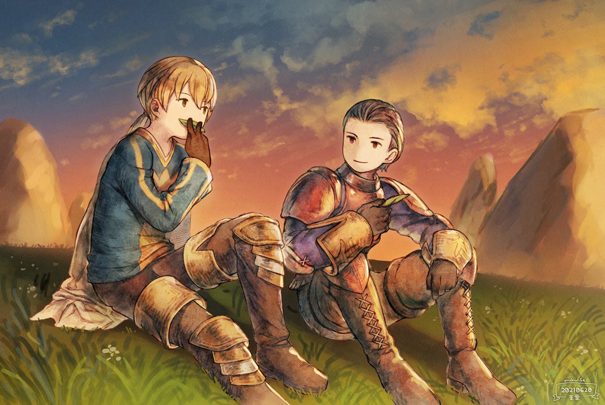 2boys armor blonde_hair brown_hair cape closed_mouth clouds cotelier delita_heiral final_fantasy final_fantasy_tactics foot_out_of_frame gloves grass multiple_boys ponytail ramza_beoulve smile