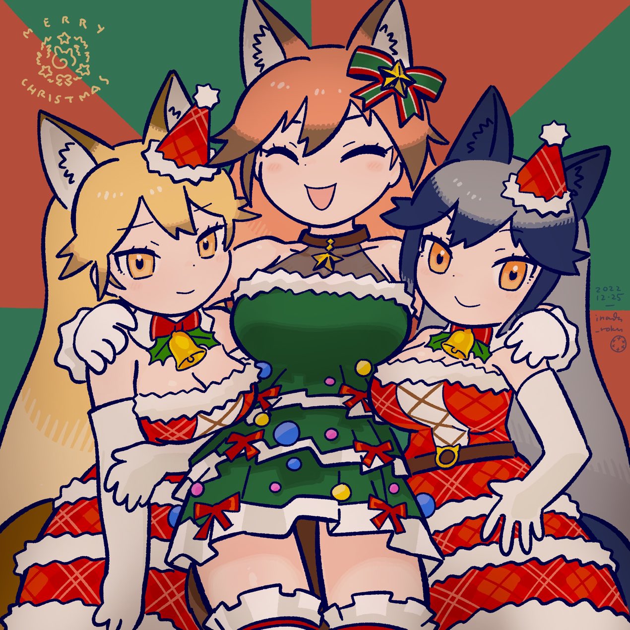 3girls animal_ears bare_shoulders bell bow bowtie brown_hair christmas christmas_tree_costume commentary_request detached_collar dress elbow_gloves extra_ears ezo_red_fox_(kemono_friends) fox_ears fox_girl fox_tail frilled_thighhighs frills gloves green_bow green_dress grey_hair hair_between_eyes hair_bow hat highres inada_roku jewelry kemono_friends kemono_friends_3 long_hair looking_at_viewer matching_outfit multicolored_hair multiple_girls neck_bell necklace official_alternate_costume orange_eyes orange_hair plaid plaid_dress red_bow red_bowtie red_dress red_fox_(kemono_friends) red_thighhighs santa_costume santa_hat sidelocks silver_fox_(kemono_friends) sleeveless smile star_(symbol) star_necklace tail thigh-highs white_gloves zettai_ryouiki
