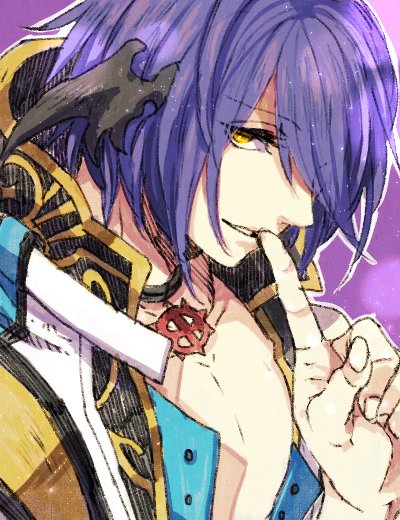 1boy arch_bishop_(ragnarok_online) bangs black_choker black_wings blue_coat choker coat commentary_request demon_wings grin hair_between_eyes hair_over_one_eye head_wings looking_at_viewer male_focus portrait purple_background purple_hair ragnarok_online short_hair smile solo tokio_(okt0w0) wings yellow_eyes