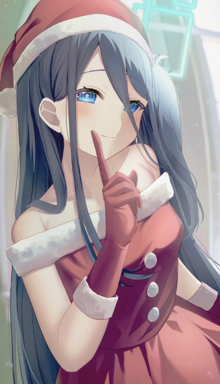 1girl absurdly_long_hair aris_(blue_archive) bare_shoulders black_hair blue_archive blue_eyes christmas collarbone gloves hair_over_one_eye halo hat highres index_finger_raised long_hair no.054_(adar5857) red_gloves santa_costume santa_hat sleeveless solo very_long_hair