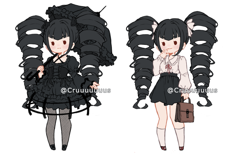 1girl alternate_costume artist_name bag bangs black_bow black_dress black_eyes black_pantyhose black_skirt black_umbrella bow brown_bag celestia_ludenberg criis-chan danganronpa:_trigger_happy_havoc danganronpa_(series) dress drill_hair frilled_shirt frills full_body hair_bow hair_ornament holding holding_bag holding_umbrella kneehighs layered_dress long_sleeves multiple_views neck_ribbon pantyhose parted_lips red_ribbon ribbon shirt shirt_tucked_in simple_background skirt smile socks teeth twin_drills twintails umbrella white_background