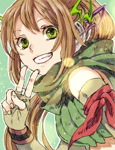 1girl armband bangs breasts brown_hair commentary_request elbow_gloves fingerless_gloves gloves green_background green_eyes green_gloves green_scarf green_tube_top grin long_hair looking_at_viewer medium_breasts portrait ragnarok_online ranger_(ragnarok_online) scarf simple_background smile solo strapless tokio_(okt0w0) tube_top v