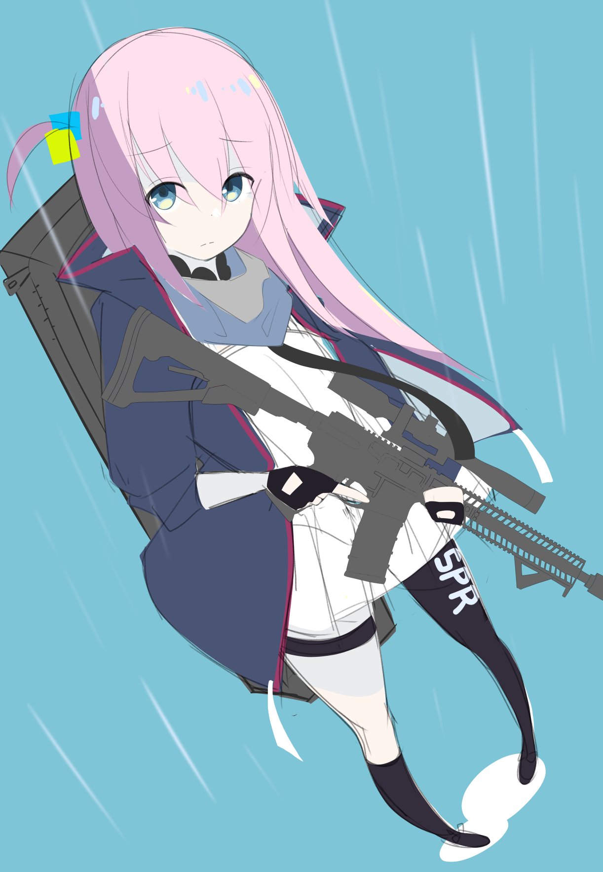 1girl ar-15 bocchi_the_rock! cosplay dress fingerless_gloves girls_frontline gloves gotou_hitori gun gundam hair_ornament highres holding holding_weapon long_hair looking_at_viewer pink_hair rifle solo st_ar-15_(girls'_frontline) strap uraga_shigure weapon white_dress