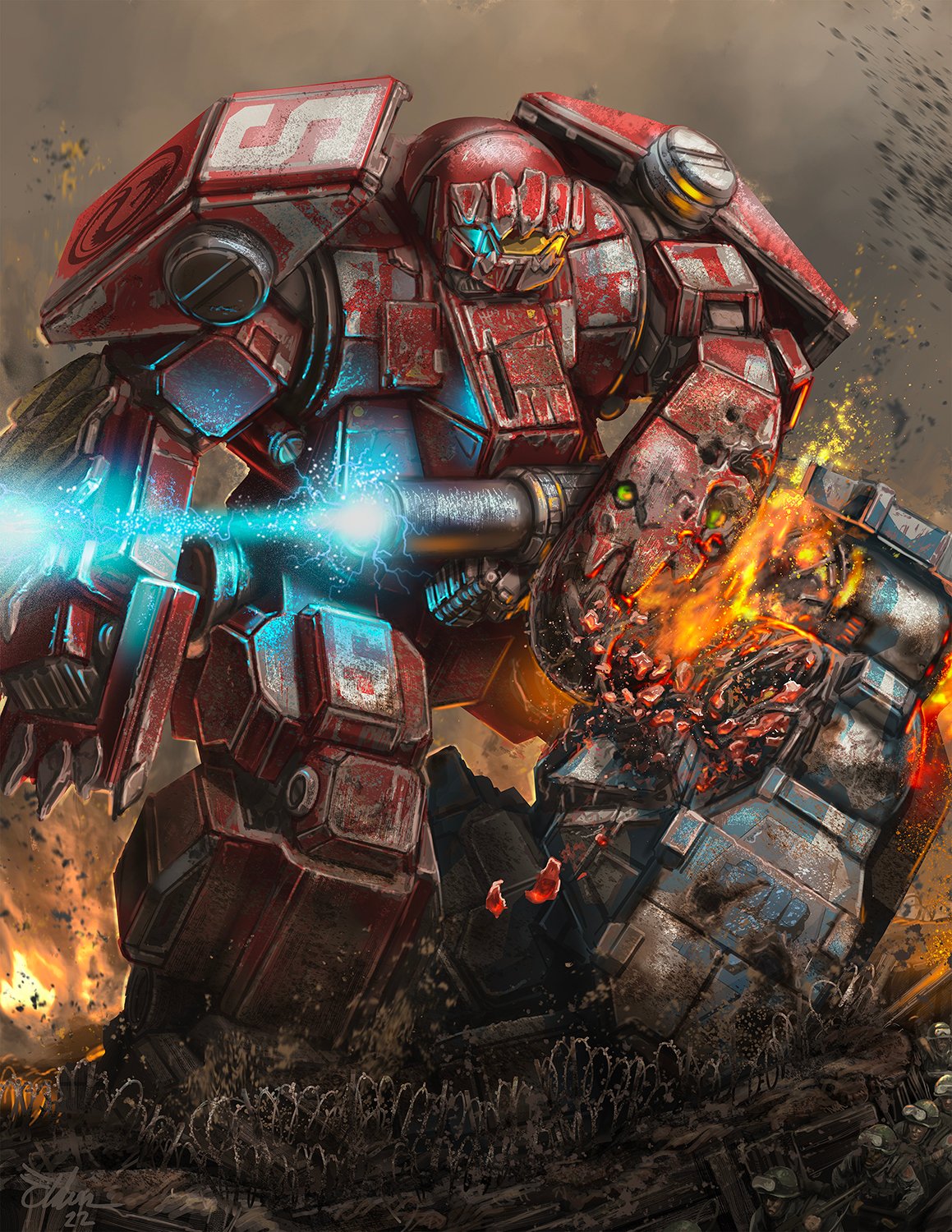 arm_cannon assault_visor battletech broken_glass charger_(battletech) clenched_hand commission eldoniousrex english_commentary fighting fire firing glass highres leaning_forward looking_down mecha mecha_request no_humans punching robot science_fiction weapon