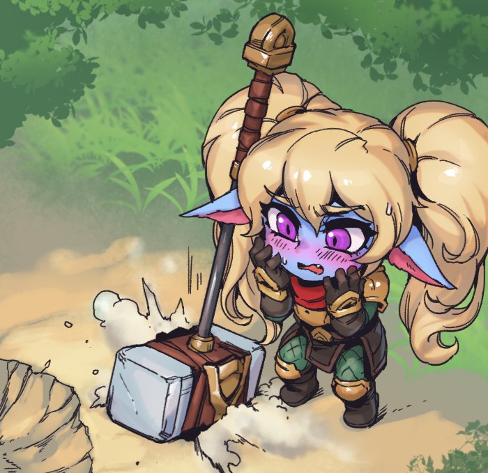 1girl armor bangs blonde_hair blush brown_footwear brown_gloves bush gloves green_pants hammer league_of_legends long_hair pants phantom_ix_row pink_eyes pointy_ears poppy_(league_of_legends) red_scarf scarf shiny shiny_hair solo twintails weapon yordle