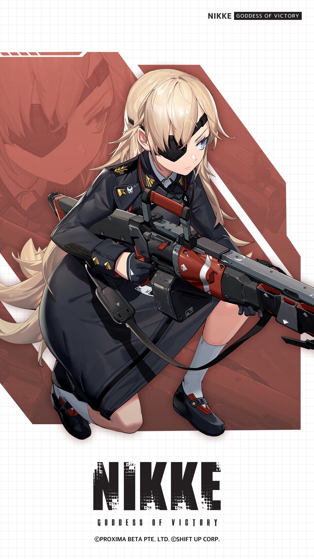 1girl artist_request bangs black_dress black_footwear black_shirt black_skirt blonde_hair blue_eyes commentary commentary_request dress eyepatch goddess_of_victory:_nikke guillotine_(nikke) gun highres holding holding_gun holding_weapon kneeling loafers long_hair machine_gun military military_uniform official_art shirt shoes skirt socks solo uniform very_long_hair weapon white_socks zoom_layer