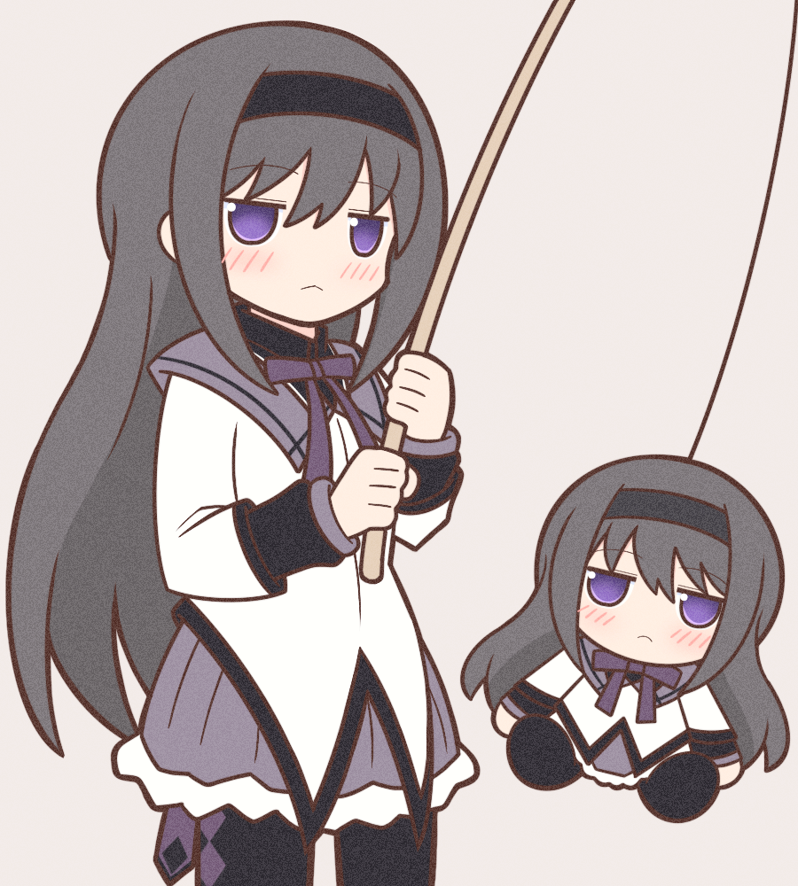 1girl :&lt; akemi_homura argyle argyle_legwear black_hair black_hairband black_pantyhose blush character_doll closed_mouth fishing_rod hairband holding holding_fishing_rod long_hair long_sleeves looking_away mahou_shoujo_madoka_magica pantyhose solo stuffed_toy violet_eyes yuno385