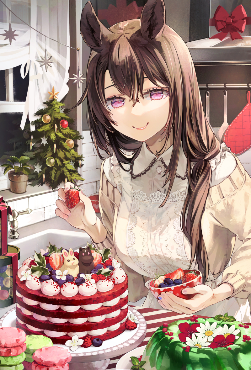 1girl animal_ears apron bow brown_hair cake christmas christmas_tree cookie food hair_between_eyes holding holding_food indoors looking_at_viewer original rabbit red_bow shirt smile solo star_(symbol) sweater syuri22 violet_eyes white_shirt yellow_sweater