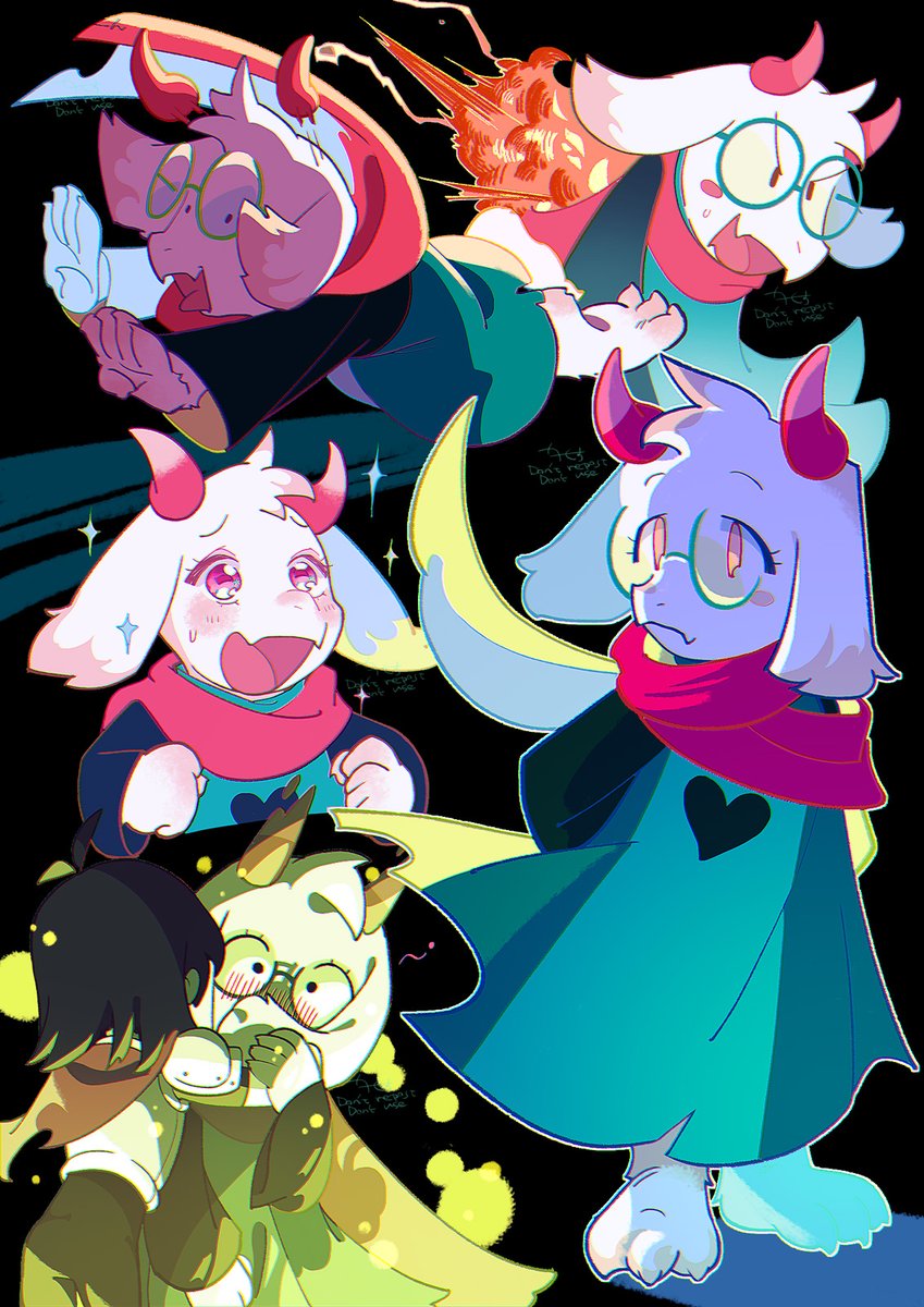 1boy 1other armor arms_behind_back black_background blush blush_stickers clenched_hands commentary deltarune explosion furry furry_male glasses goat_boy green_tunic heart highres horns hug kris_(deltarune) multiple_views open_mouth pink_eyes ralsei round_eyewear scarf senjochi_janai signature simple_background sweat symbol-only_commentary tunic