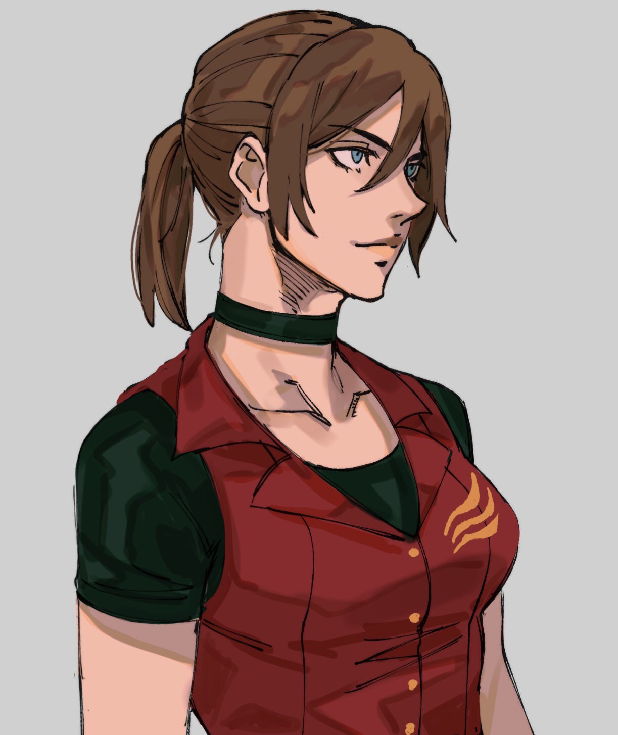 1girl bangs black_choker black_shirt blue_eyes breasts brown_hair choker claire_redfield from_side grey_background hair_between_eyes highres medium_hair ponytail red_vest resident_evil resident_evil_-_code:_veronica shirt short_sleeves simple_background solo tirtyturtle upper_body vest